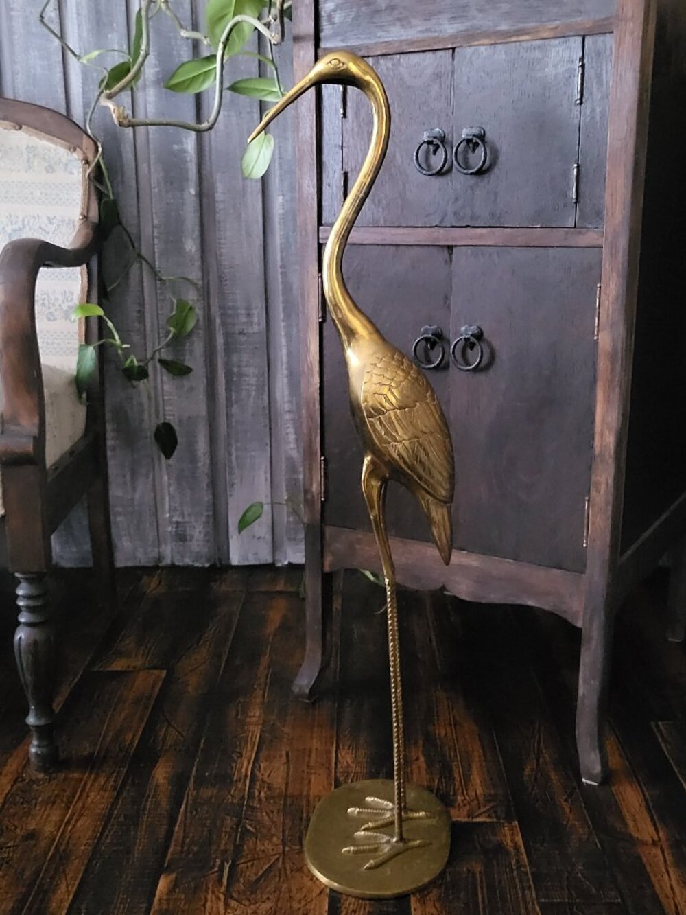 Vintage Brass Crane Statue 33.5” Mid Century Large Heron Bird Figurine Gold